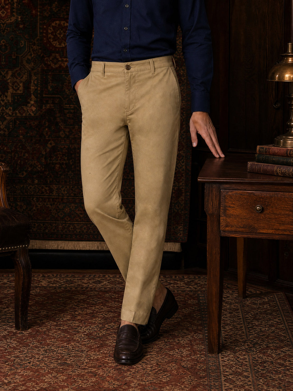 Dark Beige Cotton Stretch Slim Fit Trouser