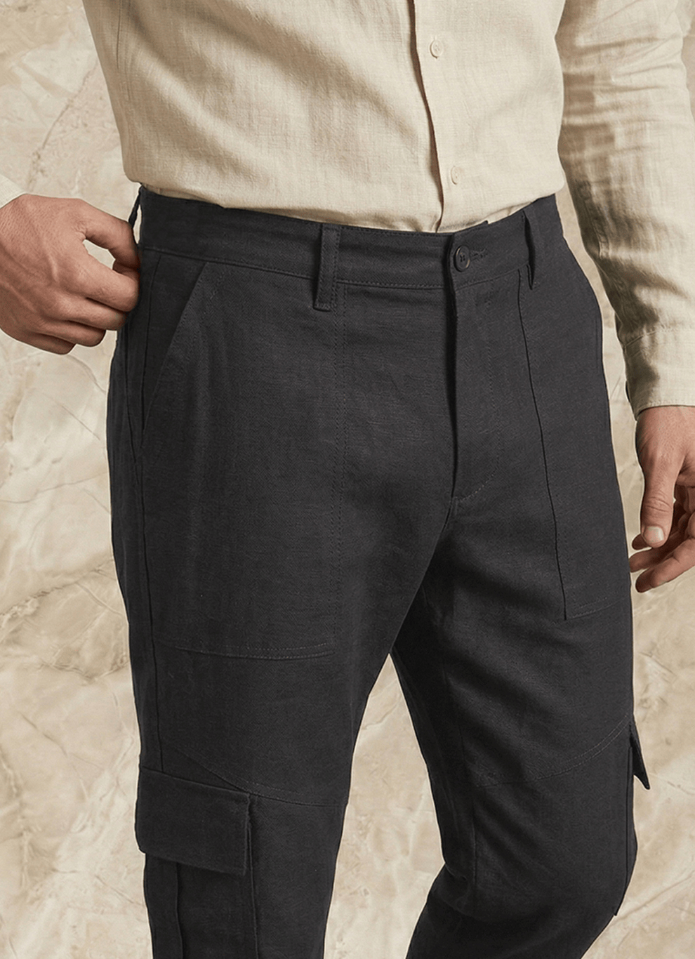 Black Cotton Poly Spandex Cargo Fit Trouser