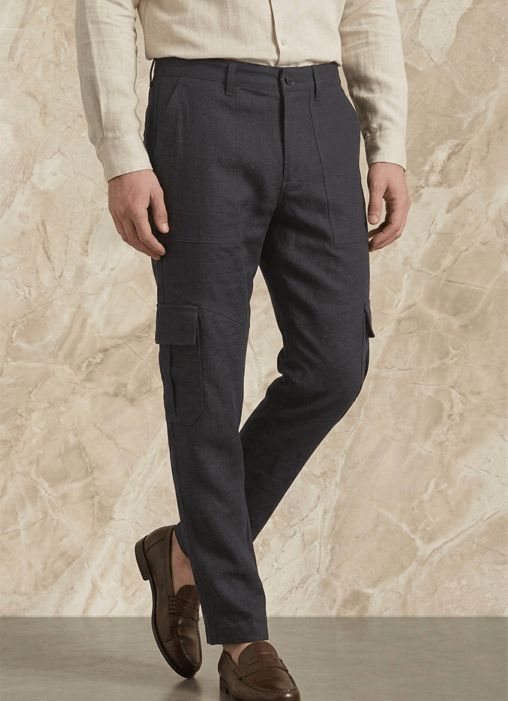 Black Cotton Poly Spandex Cargo Fit Trouser