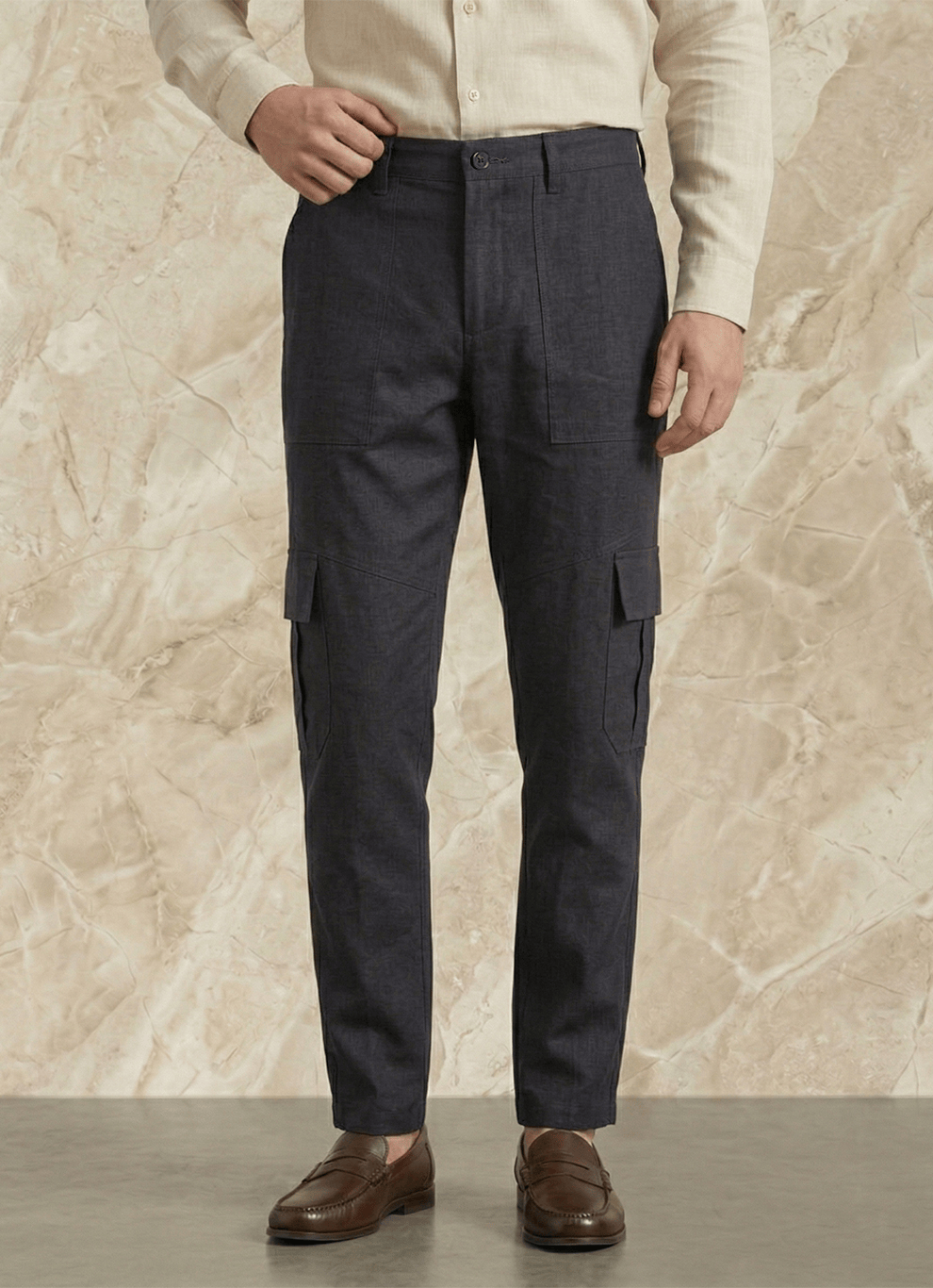 Black Cotton Poly Spandex Cargo Fit Trouser