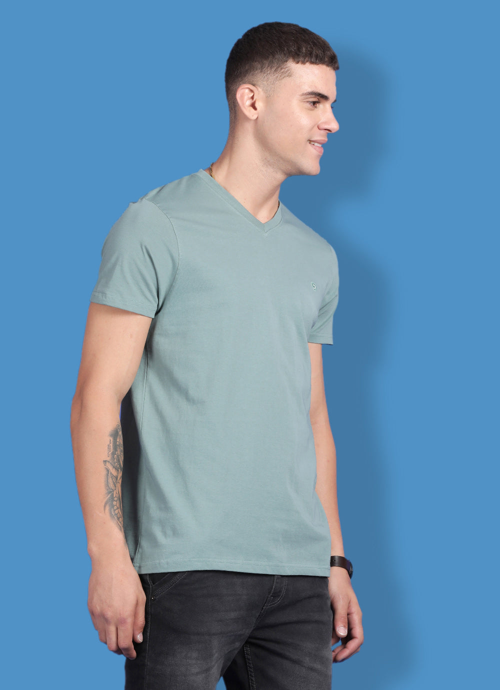 Turquoise Cotton  V Neck Tshirt