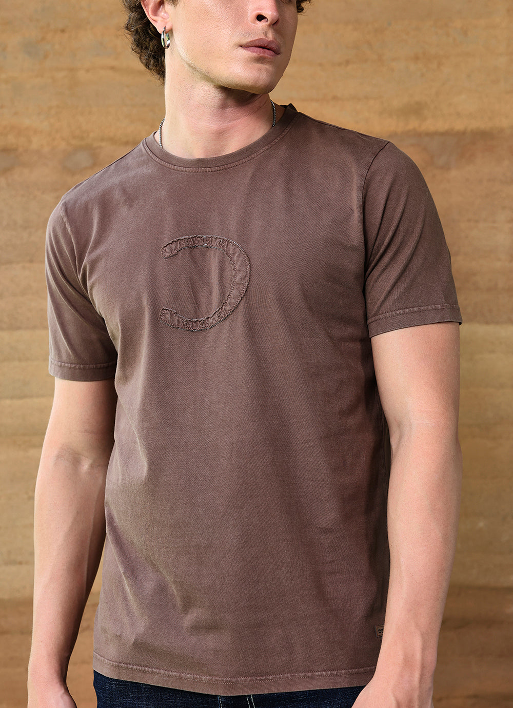 Brown Round neck Cotton Slim Fit Tshirt