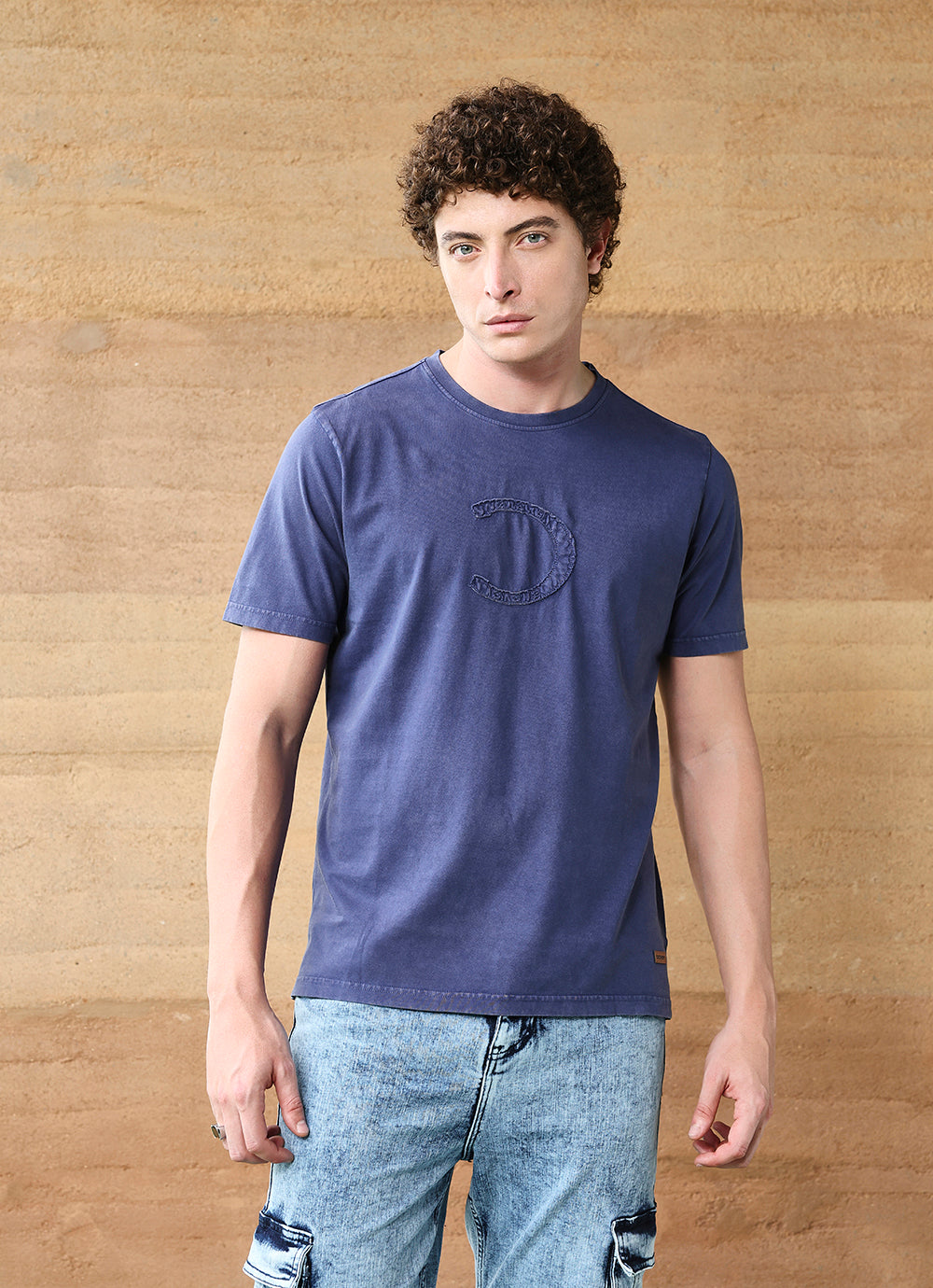 Navy Round neck Cotton Slim Fit Tshirt