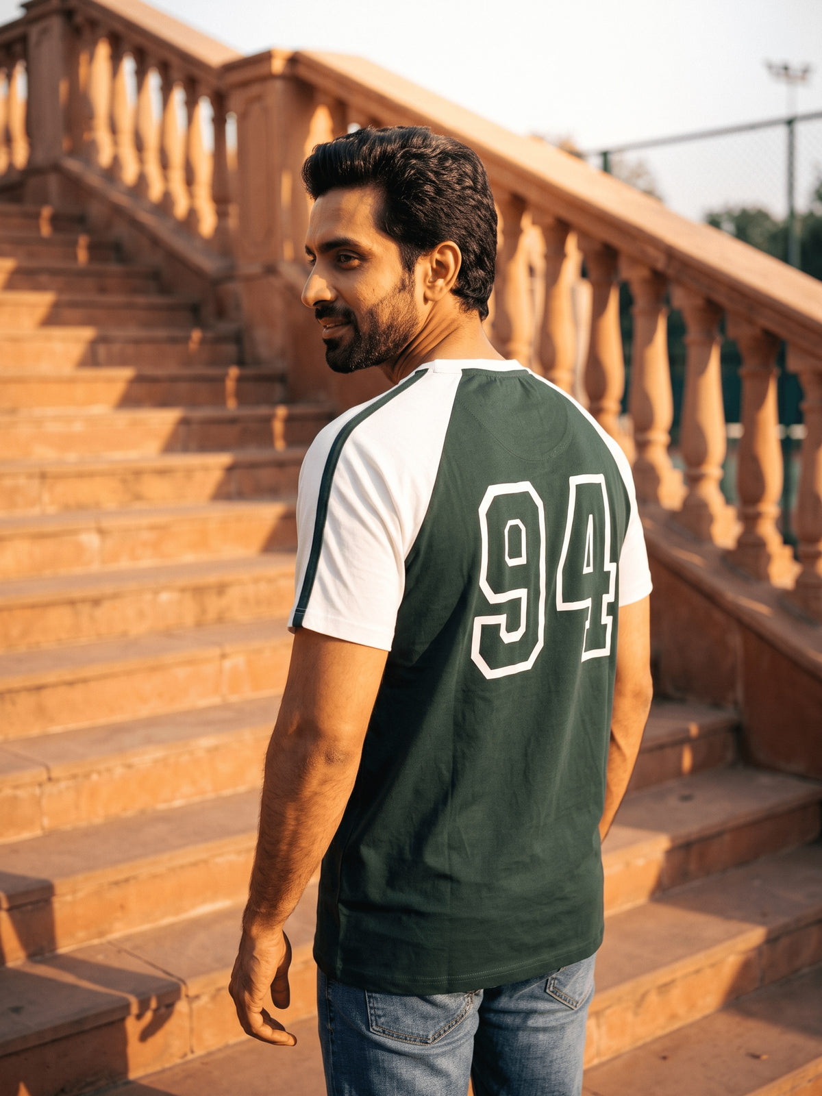 Green Colour Block Cotton Regular Fit Tshirt