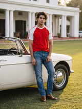 Red Colour Block Cotton Regular Fit Tshirt