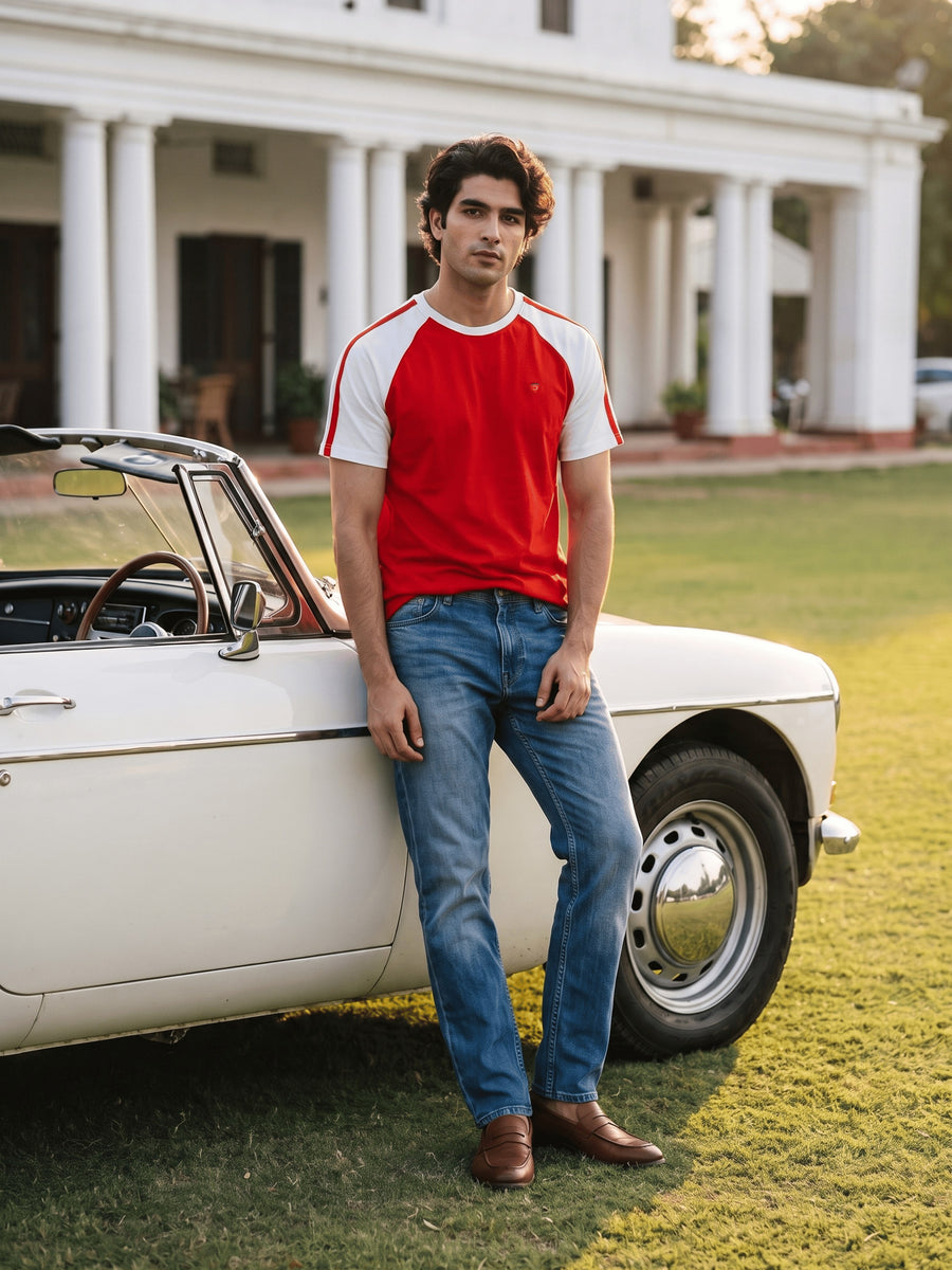 Red Colour Block Cotton Regular Fit Tshirt