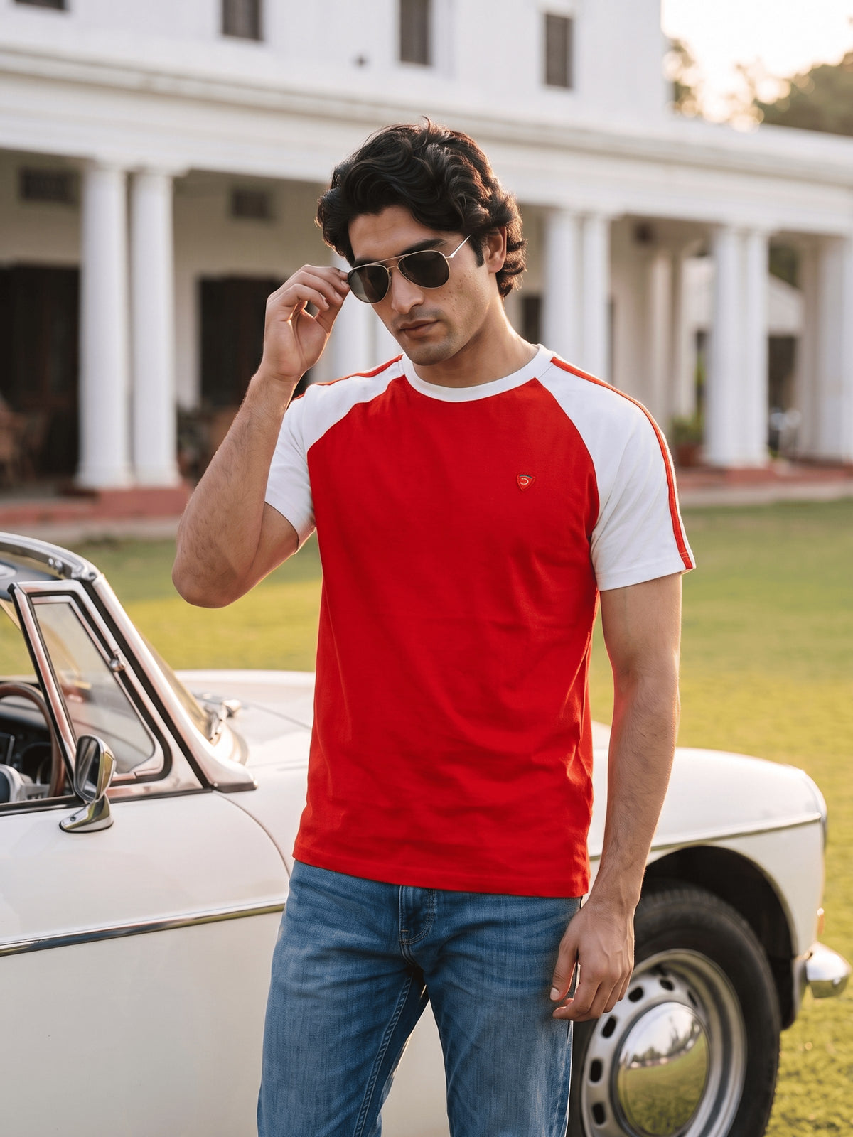 Red Colour Block Cotton Regular Fit Tshirt
