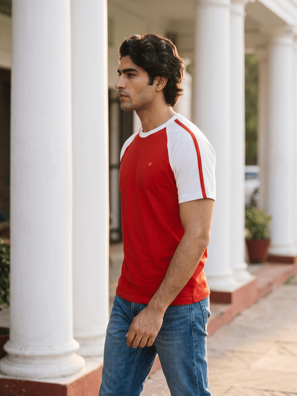Red Colour Block Cotton Regular Fit Tshirt