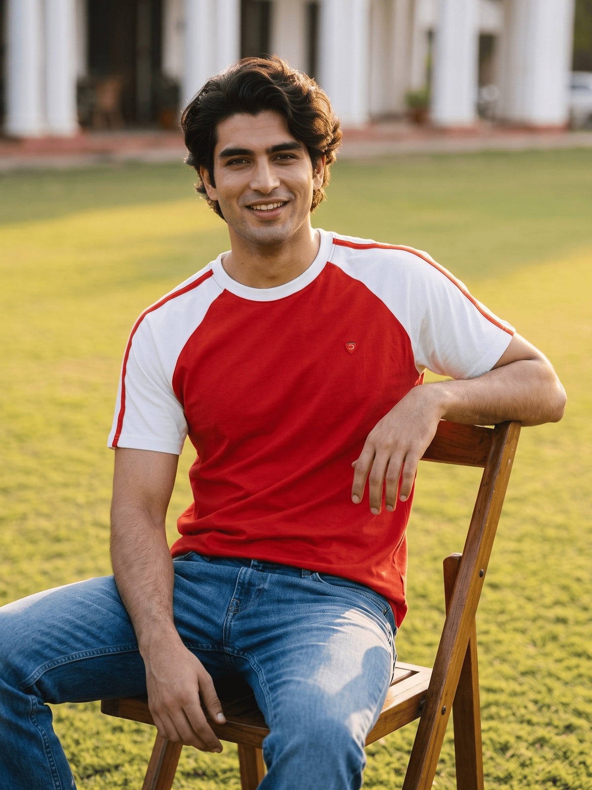 Red Colour Block Cotton Regular Fit Tshirt