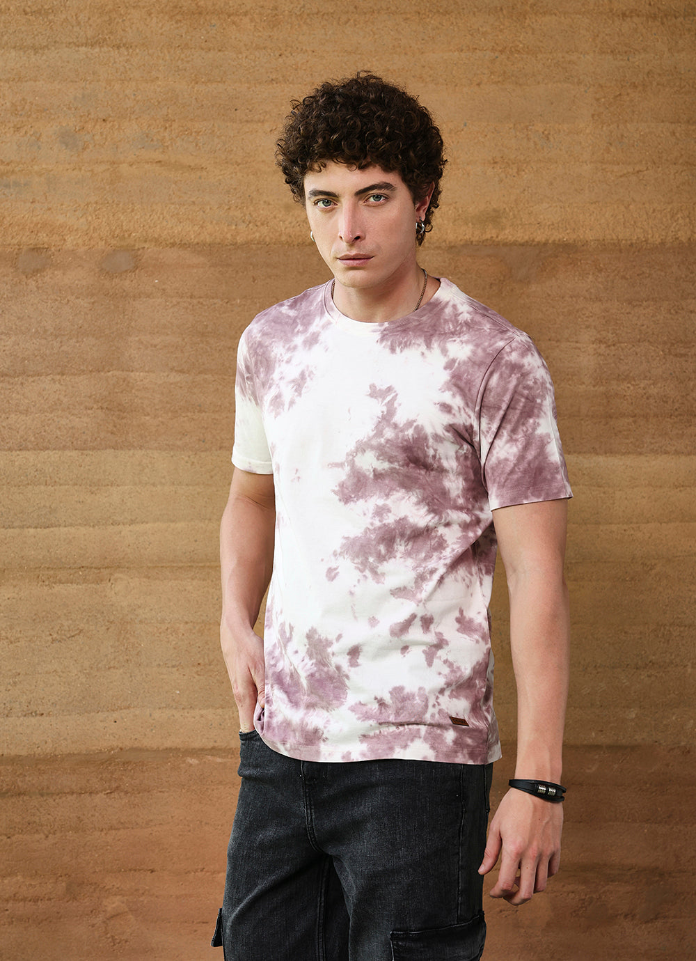 Beige Round neck Cotton Slim Fit Tshirt