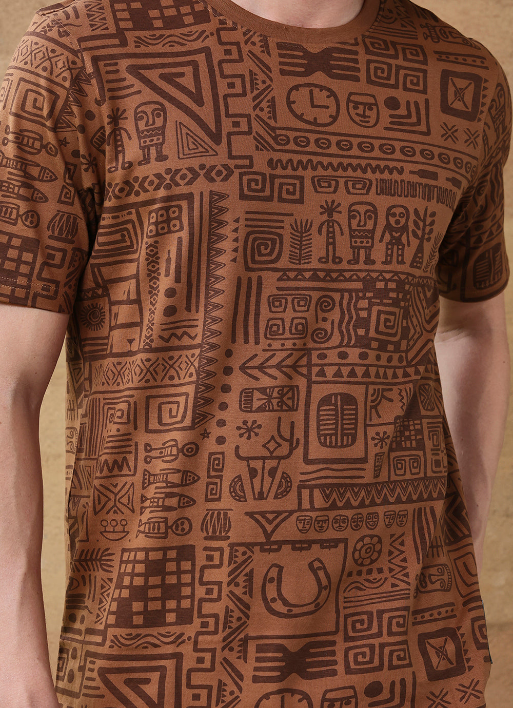 Brown Round neck Cotton Slim Fit Tshirt