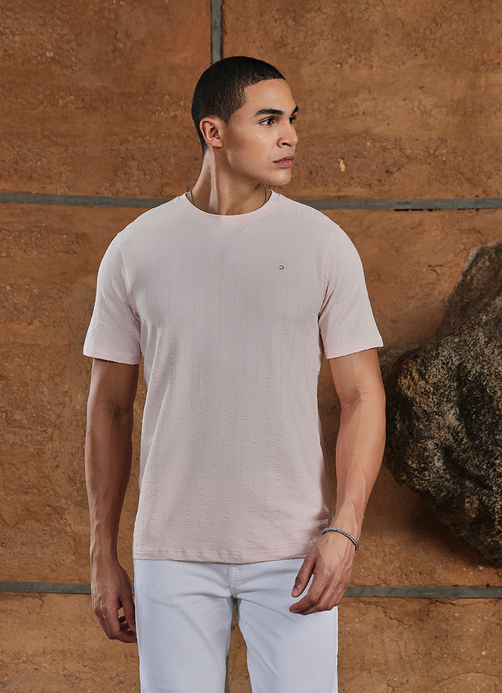 Pink Round neck Cotton Slim Fit Tshirt
