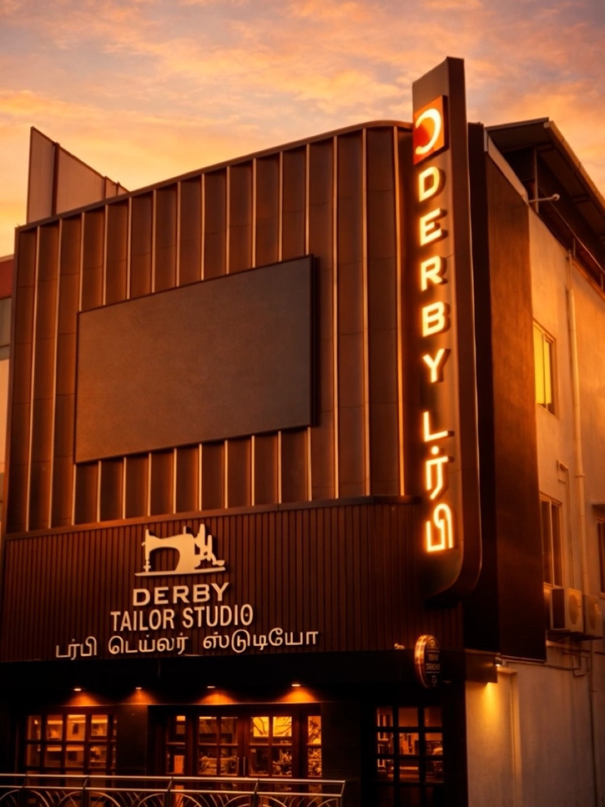 Derby Tailor Studio storefront at sunset, Mount Road, Chennai