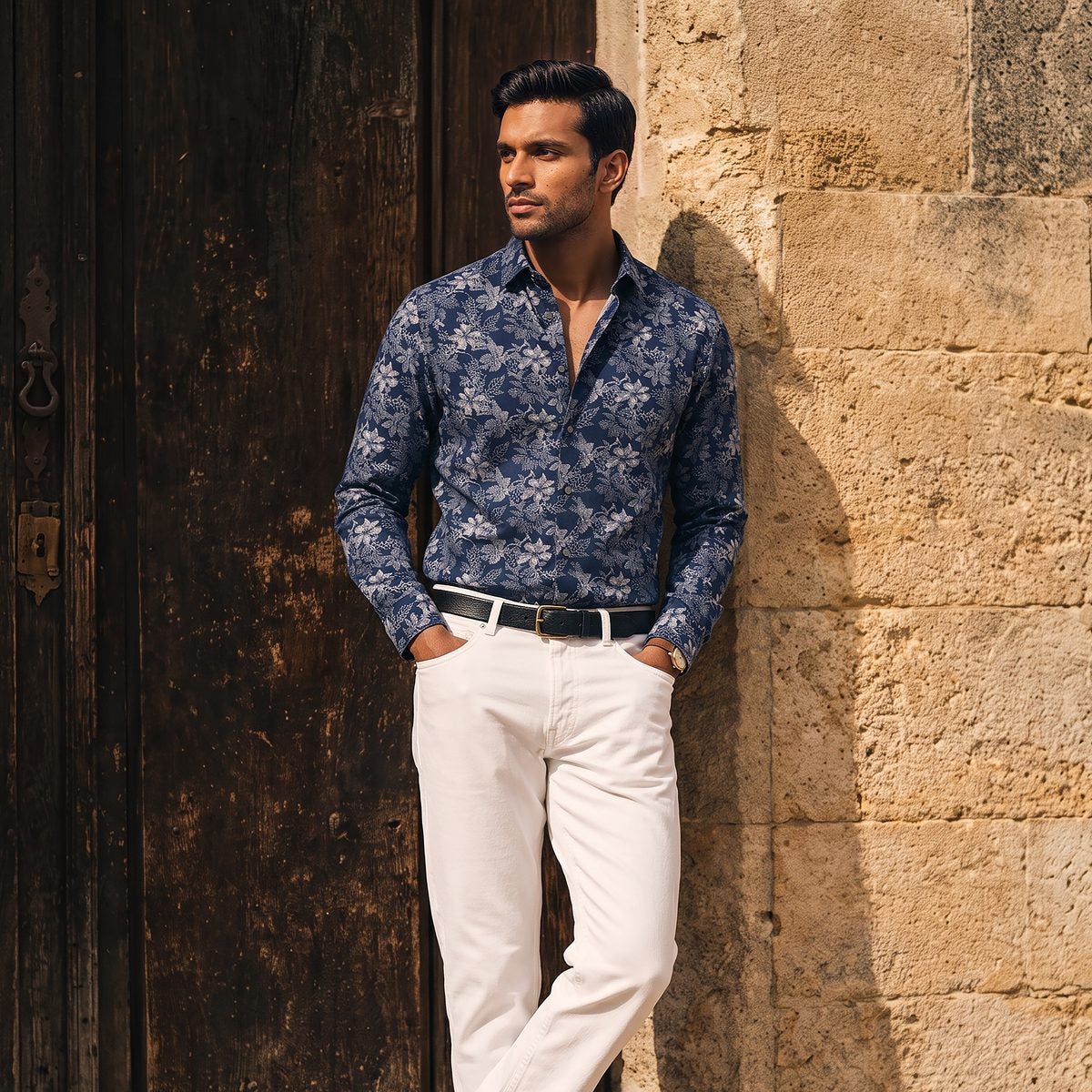 Navy floral Derby shirt worn with white jeans against an old wooden door