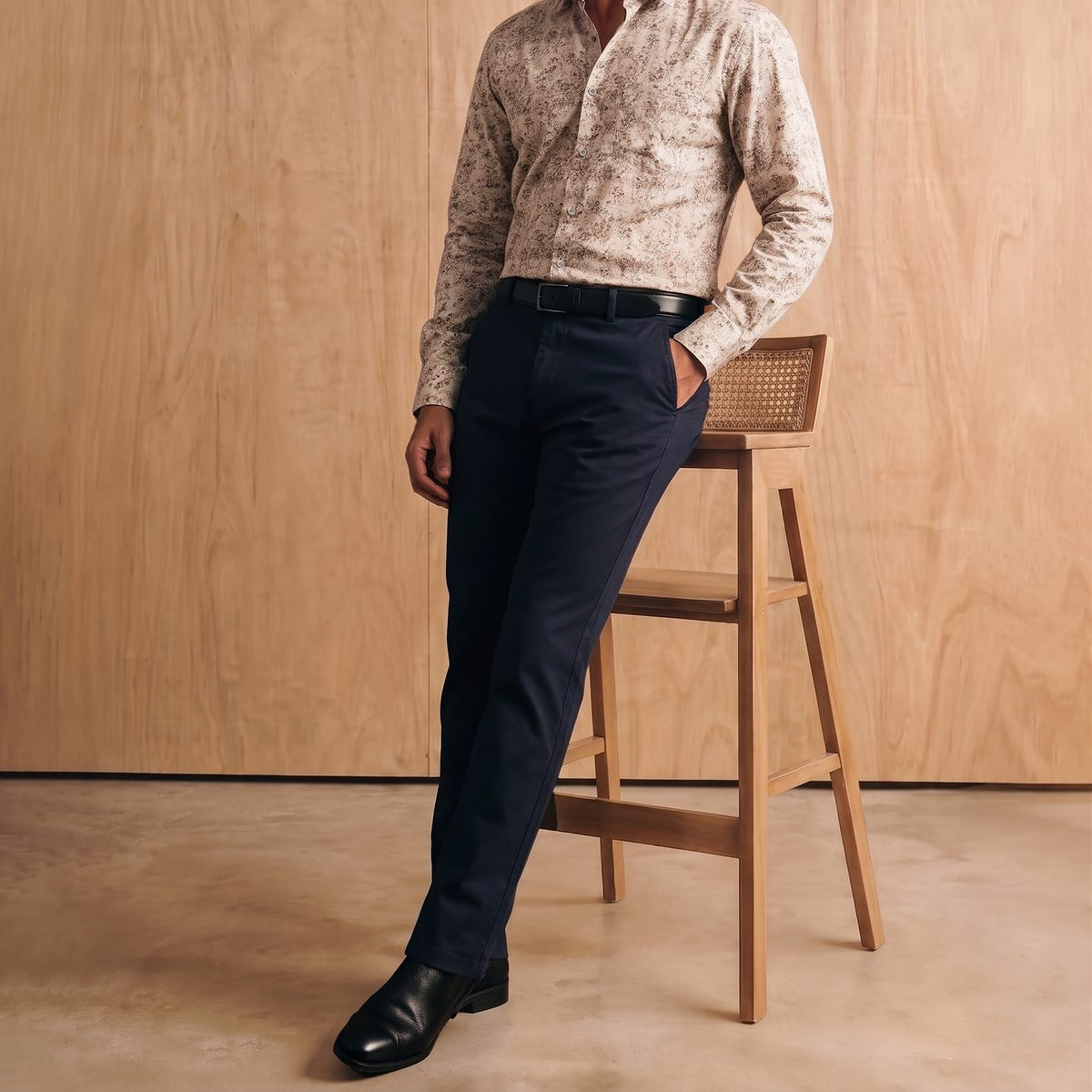 Printed beige Derby shirt with navy trousers in a studio