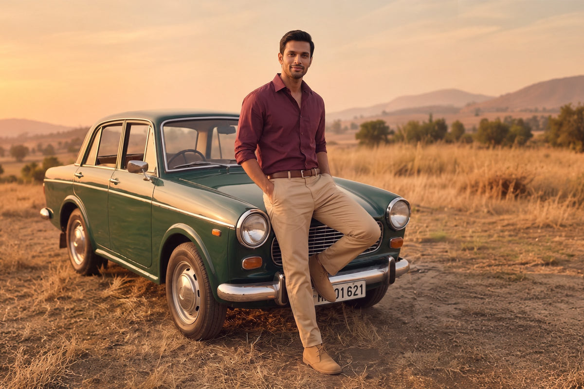 Man in a maroon Derby shirt beside a vintage green car in a golden field