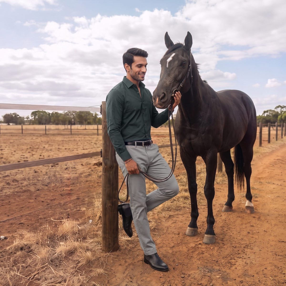 Man in a dark green Derby shirt with a black horse beside a ranch fence