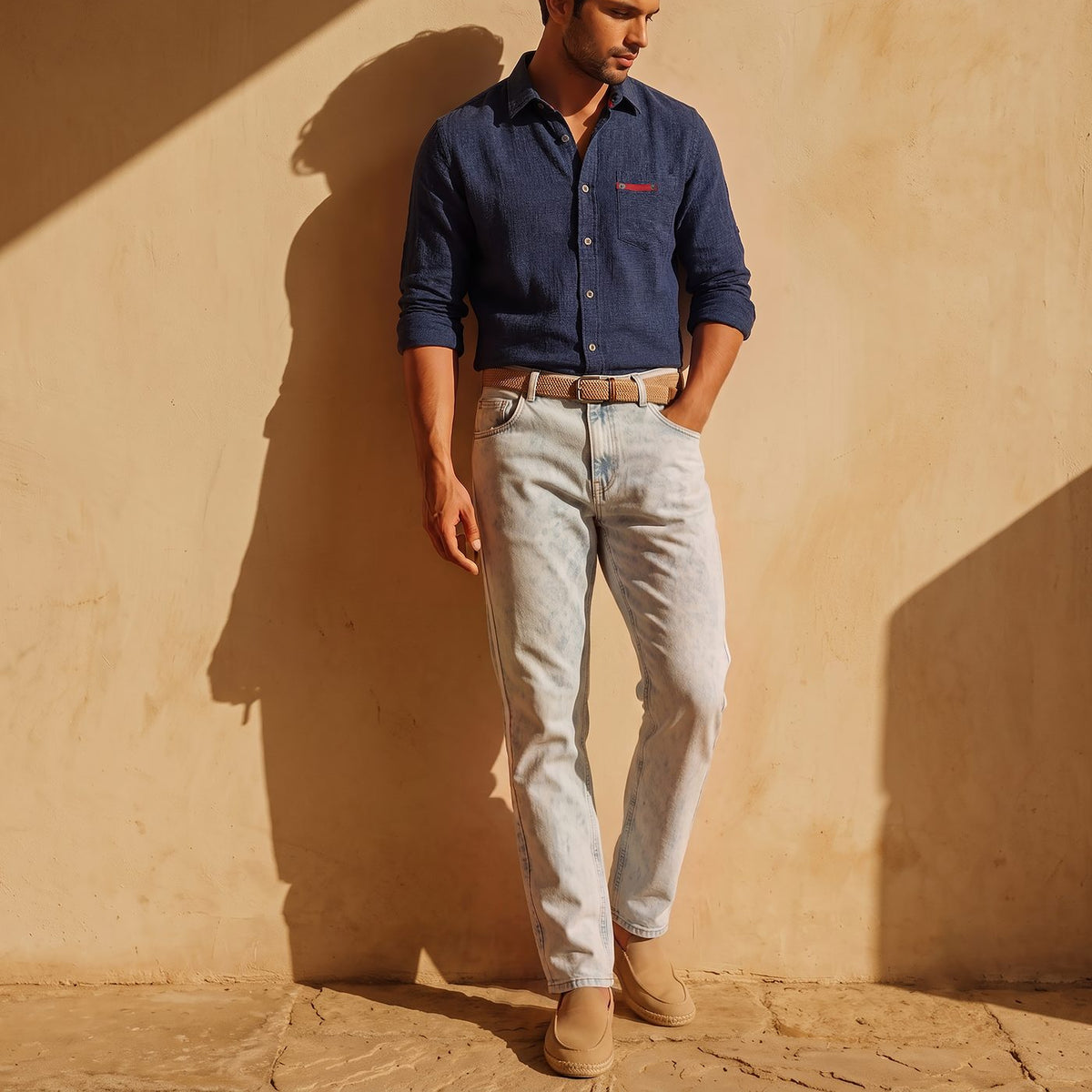 Navy Derby shirt with light wash jeans against a warm wall