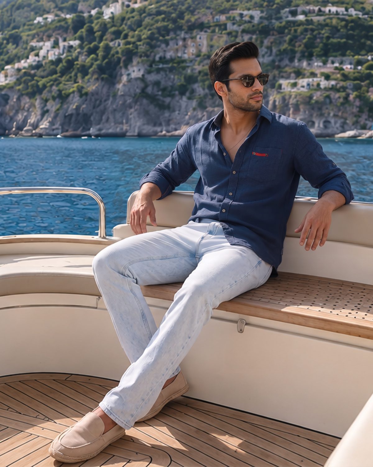 Man in a navy Derby shirt and light blue jeans on the deck of a boat off the coast
